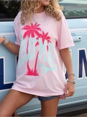 LULU MAC Pink Palm Tree Graphic Tee